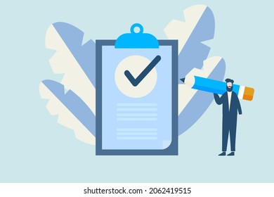 Concepto vectorial completado. Empresario con lista de tareas completadas en el portapapeles