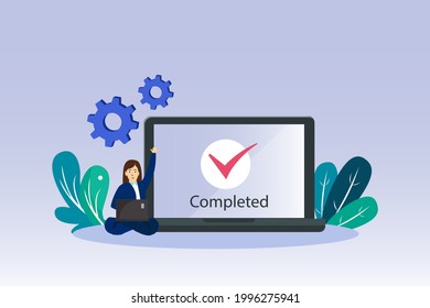 Completed vector concept. Businesswoman using laptop with completed tick sign on the screen