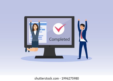Completed vector concept. Happy business team with completed job tick sign on the monitor
