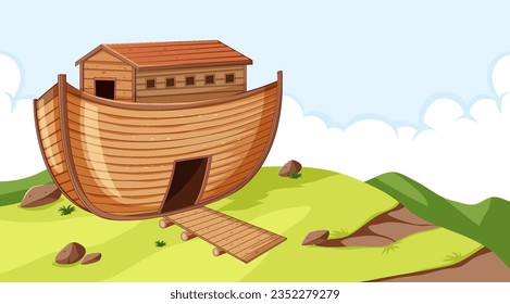 A completed wooden boat building surrounded by outdoor nature