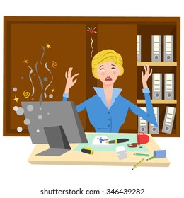 Completely Desperate Businesswoman Crying Over Her Broken Computer, Sitting At A Chaotic Desk, Filing Cabinet In Background (Fifties Retro Style)