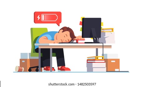 Completely exhausted overworked sad and frustrated worker fell asleep at workplace desk with computer. Man emptied his battery charge due to work burnout. Flat vector character concept illustration