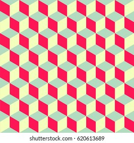 Completely Seamless, Abstract Cube Pattern. Pop Art, Stylish, Happy Red, Yellow And Lime Geometric 3d Vector Wallpaper, Cube Pattern Background.