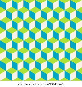 Completely seamless, abstract cube pattern. Light cheerful fresh green geometric 3d vector wallpaper, cube pattern background.