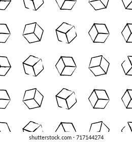 Completely seamless, abstract cube pattern. Black and white design, geometric 3d background. Drawing brush and chalk.