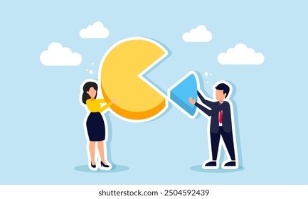 Completing assigned tasks within a team at the company concept of A businesswoman holding a large portion of a pie chart and a businessman carrying a smaller piece