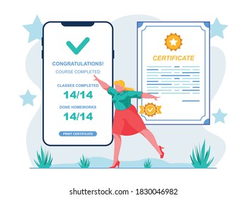 Completing Assignment on Course Brings Certificate. Banner Inscription Congratulation and Certificate. Girl Shows on Smartphone Screen and Large Document Nearby. Vector Illustration.