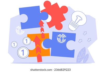 Completing business idea illustration, vector banner template isolated on white background. Idea and money for concept of investment, financing and business inventions.