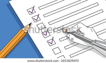 Completing a detailed checklist with a pencil and pen
