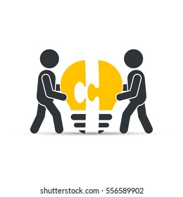 Completing Idea. Business illustration of men with bulb puzzle.