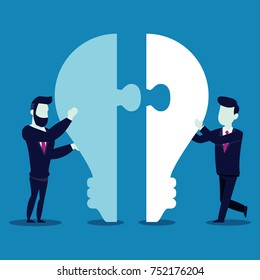 Completing Idea. two business man completing piece of lamp or idea each other. vector Business illustration template
