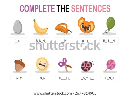 Completing the initials of english words. flat design vector complete the sentence abc alphabet printable worksheet for kids learning activity. 