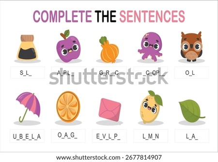 Completing the initials of english words. flat design vector complete the sentence abc alphabet printable worksheet for kids learning activity. 