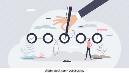 Completing project and effective task management plan tiny person concept. Successfully completed part of checklist and progress is well done vector illustration. Business development phase monitoring