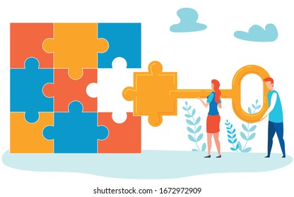 Completing Project Metaphor Vector Illustration. Cartoon Man, Woman Holding Key, Filling Missing Jigsaw Puzzle Piece. Teamwork Solving Complicated Tasks. Partnership, Cooperation Concept