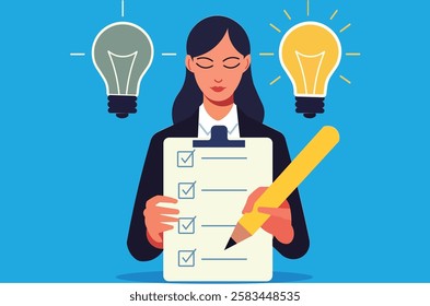 Completing a survey with a lightbulb pencil, symbolizing insightful feedback and innovative ideas. Customer satisfaction, market research, and evaluation concept.
