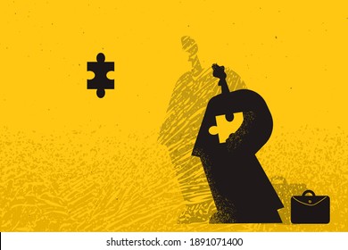 Completing task, business strategy, success concept. Businessman standing with piece of puzzle and completing whole picture meaning successful strategy and development in career vector illustration 