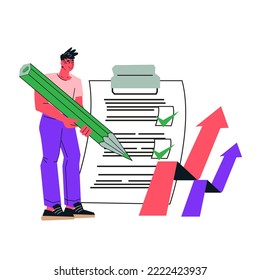 Completion of business tasks. Tasks planning and business schedule. Businessman filling checkbox with a tick marks as sign of successfully done work, flat vector illustration isolated on white.