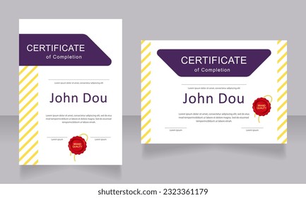 Completando conjunto de plantillas de diseño de certificados. Diploma vectorial con espacio de copia personalizado y fronteras. Documento impreso para premios y reconocimiento. Calibri Regular, Arial, Myriad Pro fuentes utilizadas