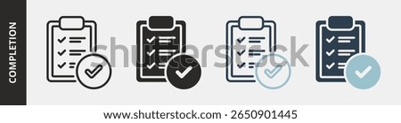 Completion Icon Set Multiple Style Collection. Contains Outline, Glyph, Outline Blue and Glyph Blue Style Icons