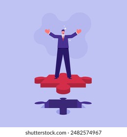 Completion mission concept, business metaphor, successful implementation plan, execute plan, businessman standing on a big last missing part of Jigsaw as solving problem to success project