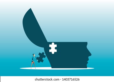 Completion mission concept. Businessman standing with back holding puzzle in hands putting in jigsaw. Business metaphor. Vector illustration flat design. Successful implementation plan. Execute plan.
