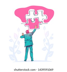 Completion mission concept. Businessman standing with back holding puzzle in hands putting in jigsaw. Business metaphor. Vector illustration sketch style. Successful implementation plan. Execute plan.