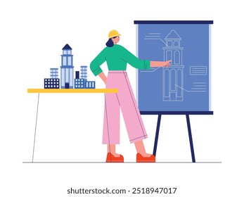 Completion of sketches and building replicas by professional architects, presentation of construction project reports, semi-outline style, architect vector illustrations.