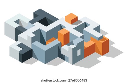 A complex 3d isometric illustration of variously colored cubes and rectangular prisms arranged in a mazelike structure