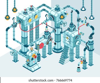 Complex 3D isometric industrial steampunk abstract intricate machine of pipes, motors, levers, gauges, pumps and so on.  It can be disassembled into individual parts.