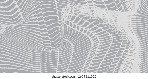Um design abstrato complexo com uma rede de linhas finas, brancas e ondulantes que fluem através de uma superfície cinza claro, criando uma textura distorcida, semelhante a uma grade topográfica.