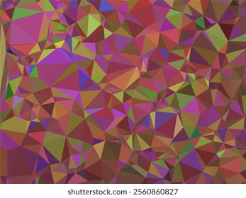 a complex abstract geometric background with a rich and warm color palette. It features overlapping triangular shapes in shades of red, purple, orange, green, and brown. 