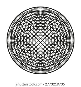A complex abstract geometric sphere Vector, featuring an intricate grid of black interwoven lines creating a captivating optical illusion.