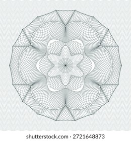 Complex abstract guilloche rosette made of fine geometric line art with perfect radial symmetry. Inspired by security patterns commonly used in banknotes, certificates, currency, and anti-counterfeit designs. Suitable for financial themes, security printing, decorative backgrounds, luxury branding, and abstract geometric design projects.