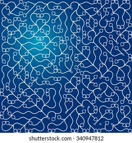 Complex abstract pattern consisting of a smoothly curved lines like the branches of a tree with leaves on a blue background