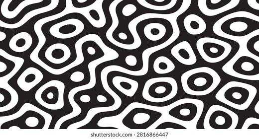 Complex abstract pattern featuring swirling lines and oval shapes in black and white, emphasizing visual movement and design intricacy.