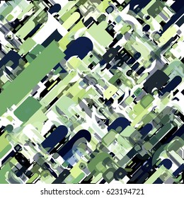 A complex abstract pattern formed by a chaotic heap of geometric elements of different shapes and colors