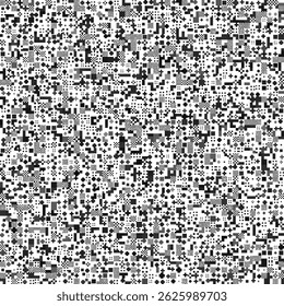 A complex, abstract seamless pattern featuring a high density of small black, white, and gray geometric shapes, including squares, rectangles, and lines, creating a digital or pixelated noise texture.