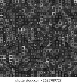 Um padrão complexo e abstrato sem emenda apresentando um arranjo denso de quadrados pretos, brancos e cinzas aninhados de tamanhos variados, criando uma textura digital ou pixelada com um senso de profundidade.