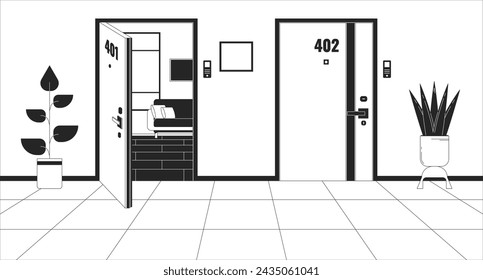 Puertas de apartamentos complejos dentro de la ilustración de línea en blanco y negro. Pasillo residencial pasillo de pared condominio 2D interior de fondo monocromo. Imagen vectorial de escena de contorno de residencia de puertas de vecindario