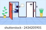 Complex apartment doors inside cartoon flat illustration. Corridor residential hallway wall condo 2D line interior colorful background. Neighborhood doorways residence scene vector storytelling image