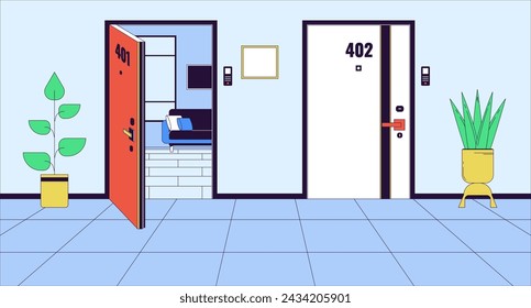 Complex apartment doors inside cartoon flat illustration. Corridor residential hallway wall condo 2D line interior colorful background. Neighborhood doorways residence scene vector storytelling image