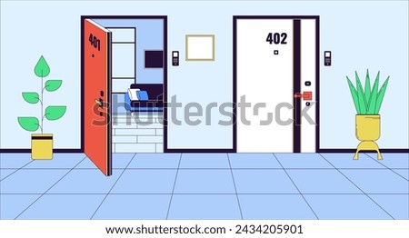 Complex apartment doors inside cartoon flat illustration. Corridor residential hallway wall condo 2D line interior colorful background. Neighborhood doorways residence scene vector storytelling image