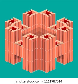 Complex architectural composition of isometric profiled blocks. Quadrilateral closed 3D object. Vector illustration