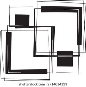 Arreglo complejo de Formas geométricas negras en capas, incluyendo cuadrados y rectángulos, sobre un fondo blanco limpio, formando una composición abstracta