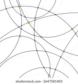 Um arranjo complexo de linhas e pontos cria um padrão geométrico abstrato, enfatizando simetria e conectividade em um fundo limpo e branco, ilustração vetorial