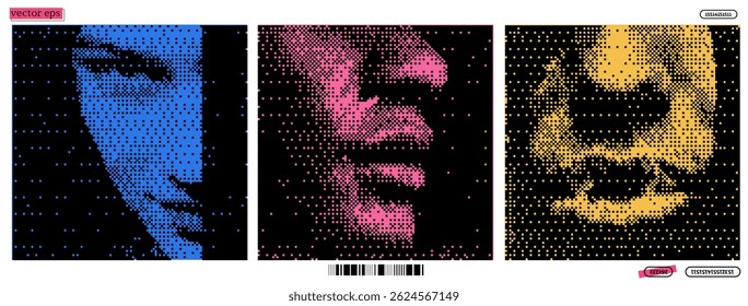 Complex arrangements of colored dots form abstract renditions of human faces, showcasing bold emotions through a fusion of vector and bitmap styles.