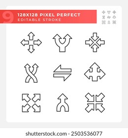 Complex arrows linear icons set. Enlargement and expansion. Zoom arrows. Choose direction. Decision making. Customizable thin line symbols. Isolated vector outline illustrations. Editable stroke