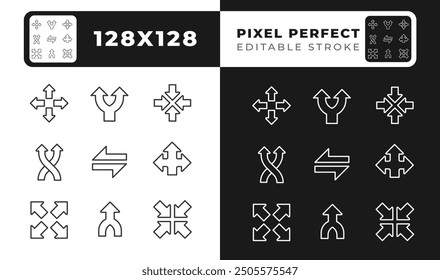 Iconos lineales de flechas complejas configurados para el modo oscuro y claro. Ampliación y expansión. Flechas de zoom. Elige la dirección. Símbolos de línea delgada para la noche, tema del día. Ilustraciones aisladas. Trazo editable