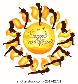 Complex asanas Surya Namaskar (Hatha Yoga) silhouette (sun)